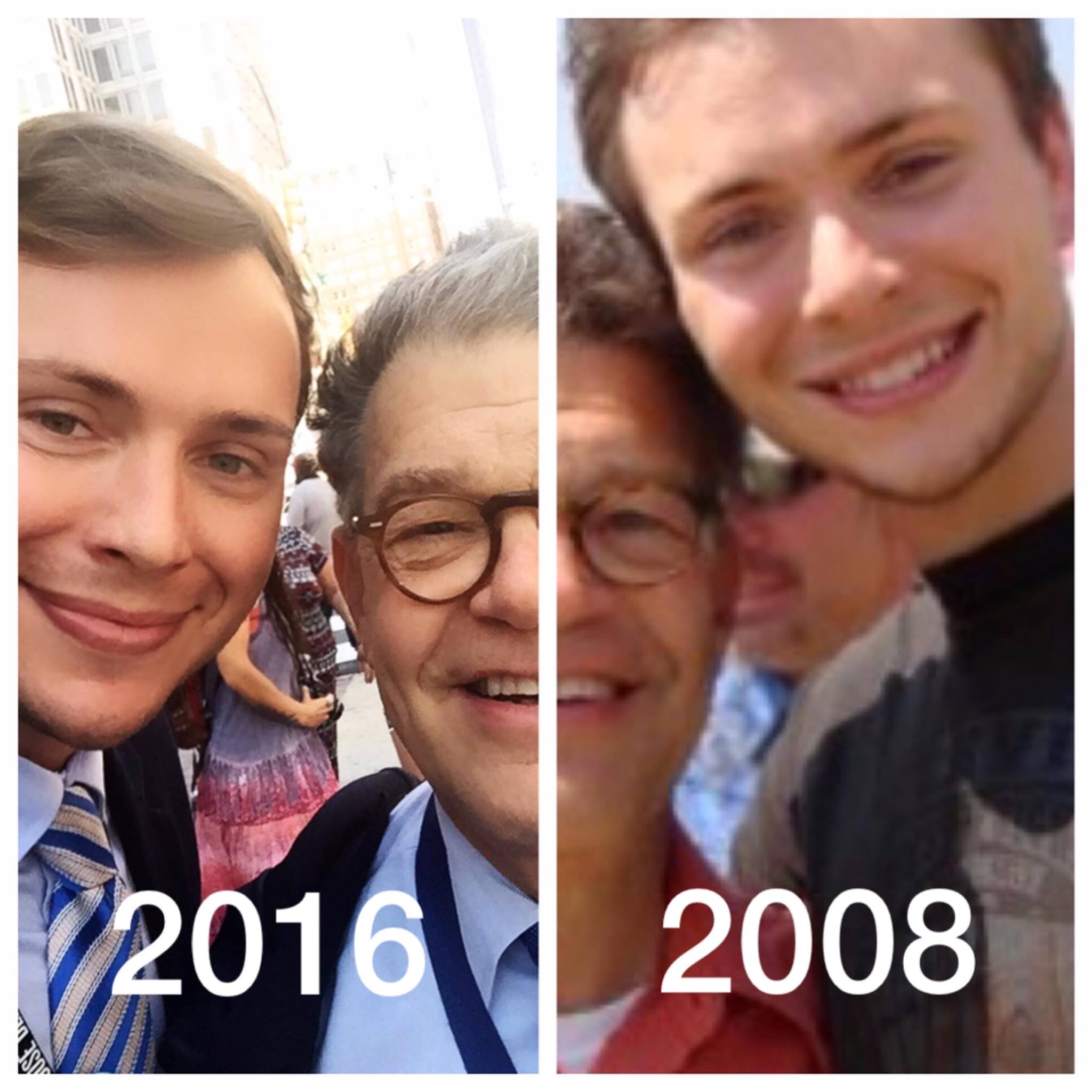 Two photographs of Clayton with Al Franken, labeled 2016 on the left and 2008 on the right.