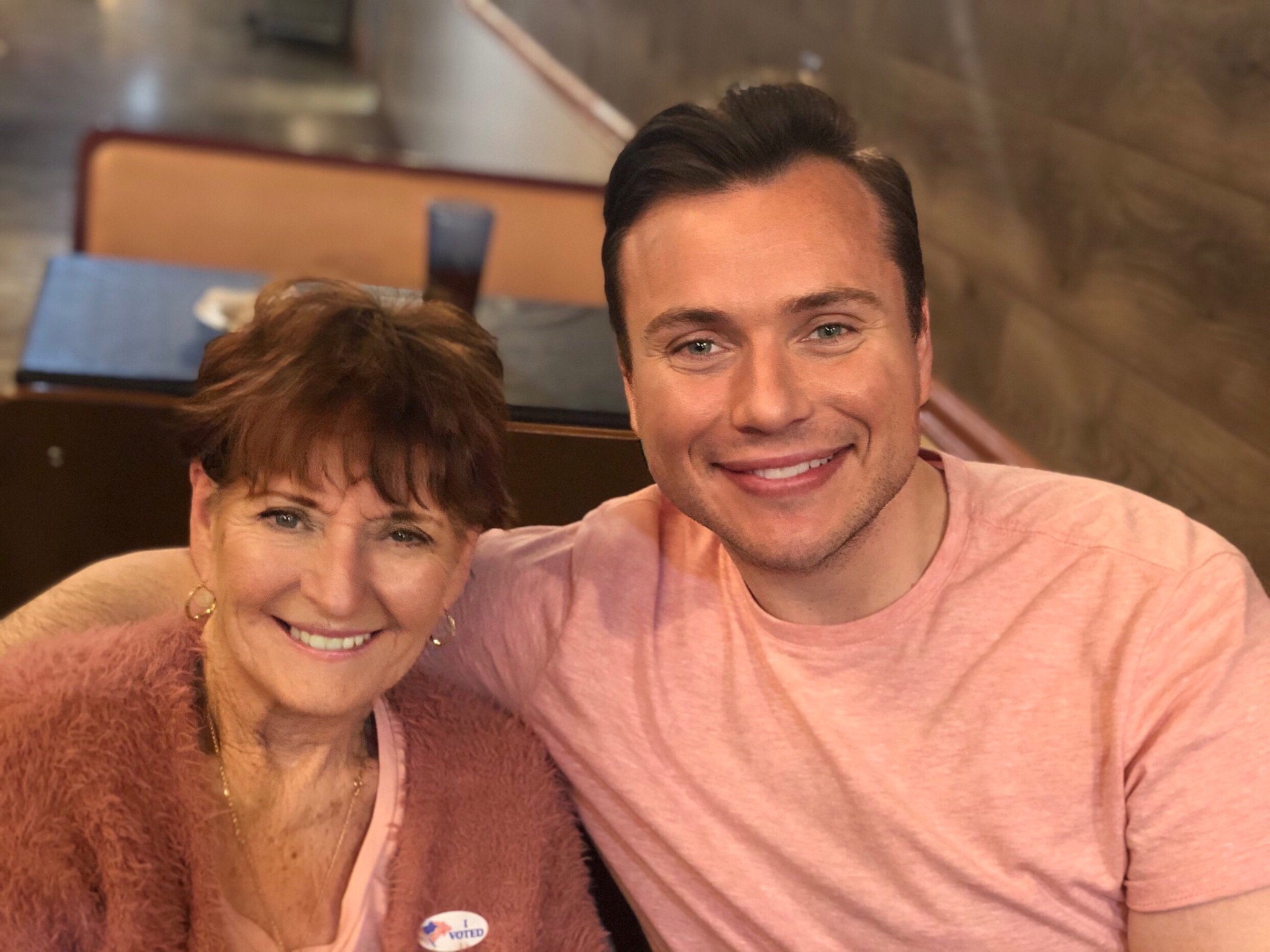 Nanny and Clayton together on election night, March 3, 2020; Nanny wears an I Voted sticker.
