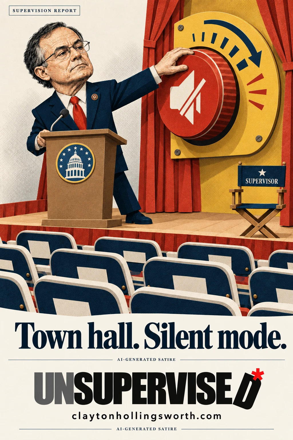 Cut-paper caricature of Andy Harris at a lectern turning a giant mute control toward audience seats, beside an empty supervisor chair. Headline: Town hall. Silent mode. Branding: UNSUPERVISED* and claytonhollingsworth.com. Disclosure: AI-GENERATED SATIRE.