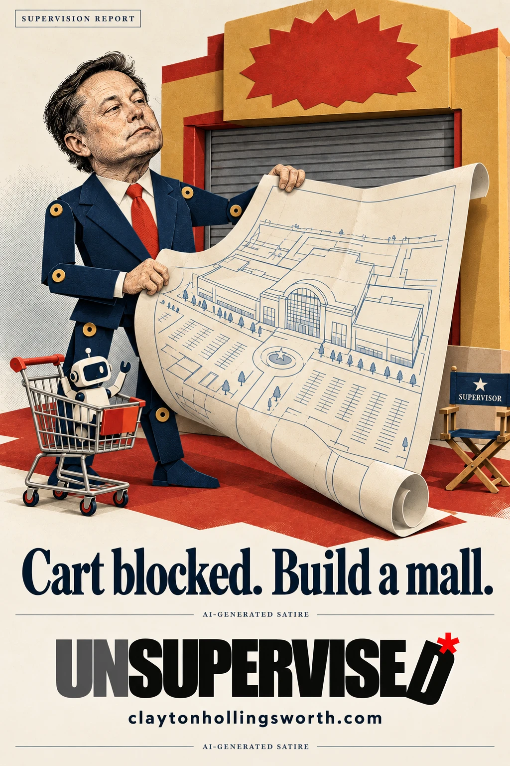 Cut-paper caricature of Elon Musk with a tiny robot in a shopping cart at a closed shop, unfolding a huge plan for a replacement shopping mall, beside an empty supervisor chair. Headline: Cart blocked. Build a mall. Branding: UNSUPERVISED* and claytonhollingsworth.com. Disclosure: AI-GENERATED SATIRE.