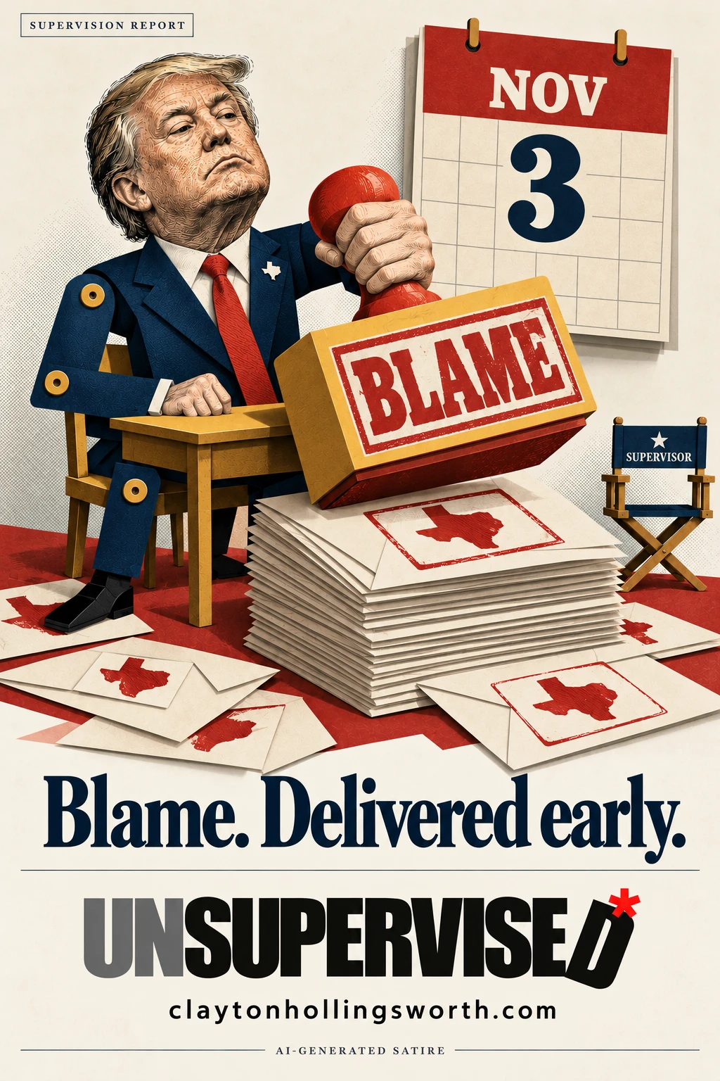 Cut-paper caricature of Donald Trump using an oversized BLAME stamp on envelopes marked with Texas silhouettes, beside a November 3 calendar and an empty supervisor chair. Headline: Blame. Delivered early. Branding: UNSUPERVISED* and claytonhollingsworth.com. Disclosure: AI-GENERATED SATIRE.