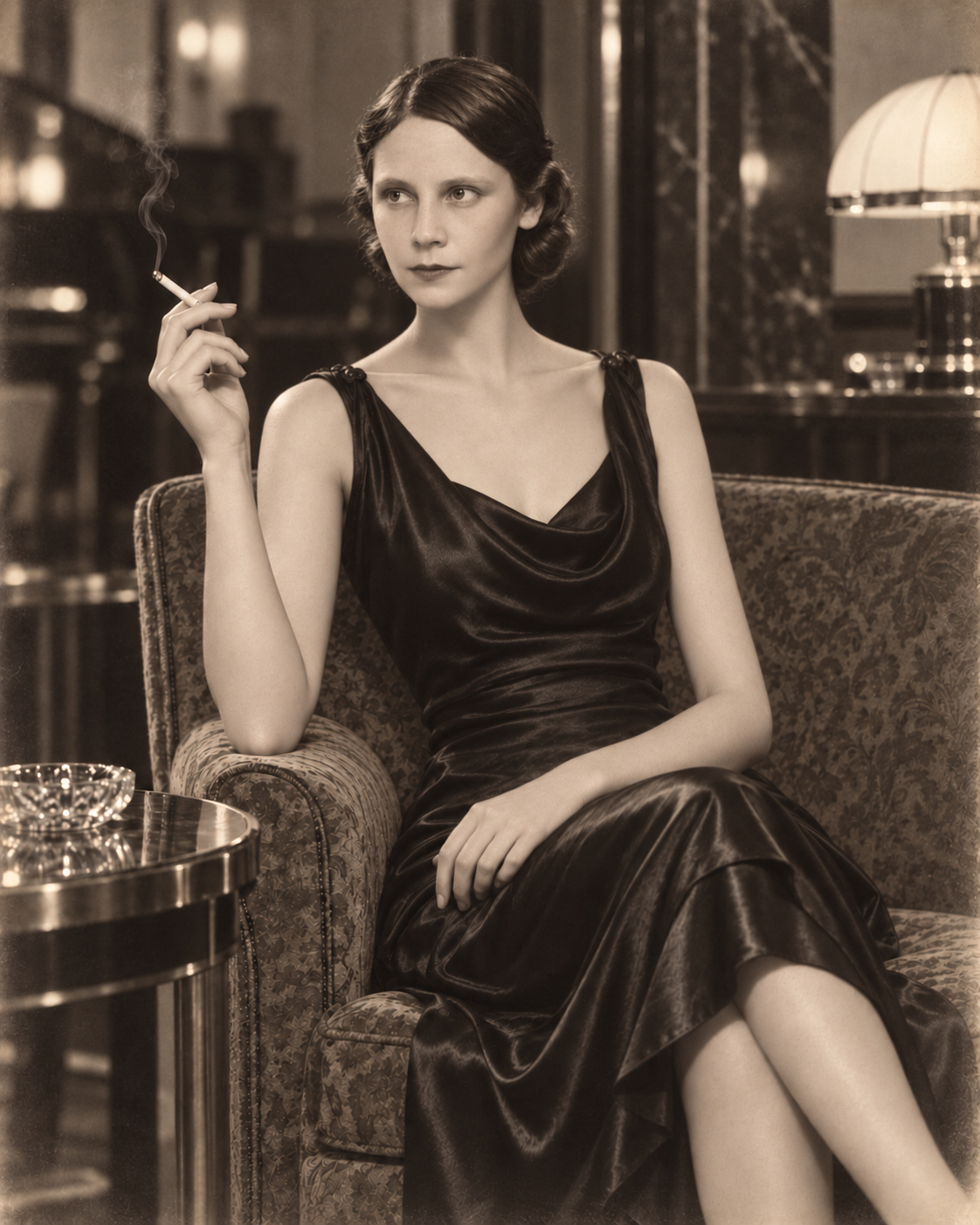 Vintage-style historical reimagining of Tennie Lee Smith Anderson seated in a 1930s cocktail dress with a cigarette