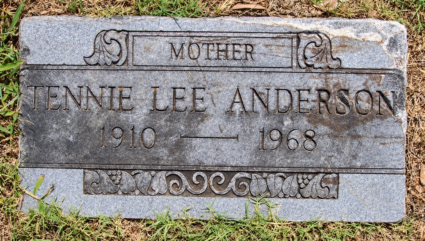 Tennie Lee Anderson’s grave marker inscribed Mother, Tennie Lee Anderson, 1910–1968