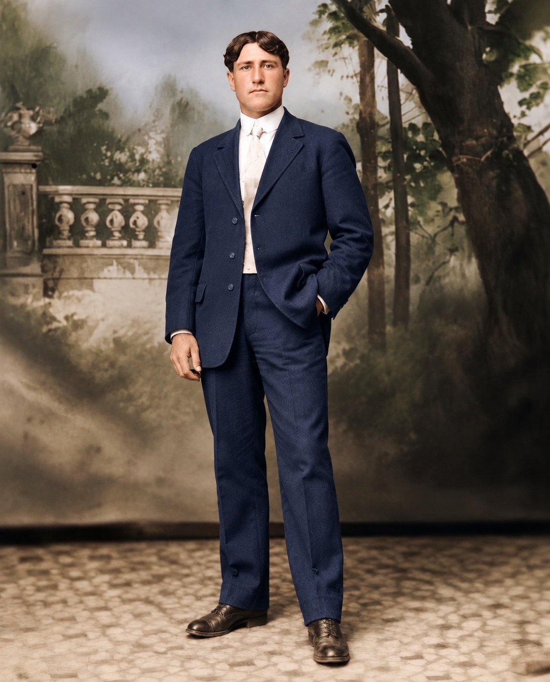 William Edward “Edd” Hollingsworth standing in a navy suit against a garden backdrop — AI-assisted historical reconstruction based on HIM-2026-012