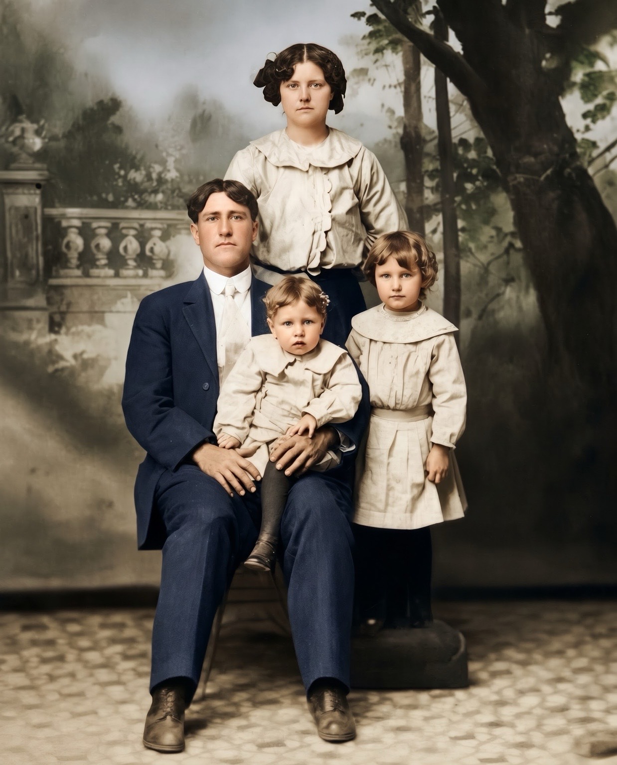 AI-assisted reconstructed family group of Ed, Della Mae, Minnie Lee and Edgar Lee Hollingsworth