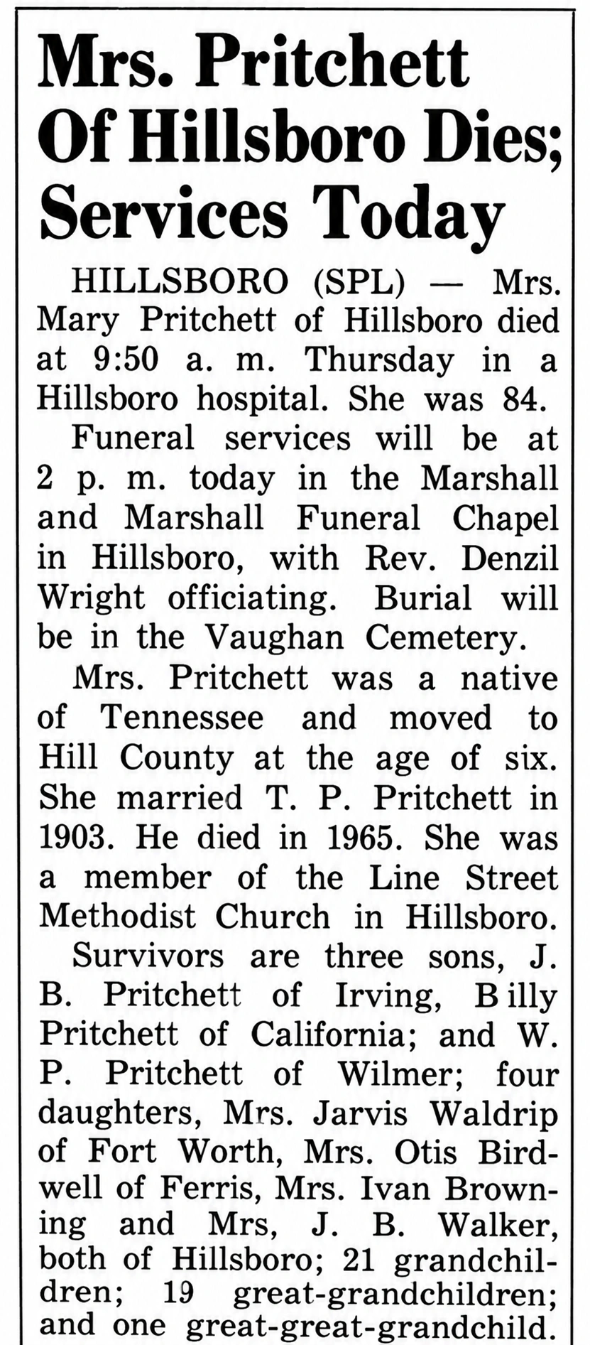 Restored newspaper obituary headed Mrs. Pritchett Of Hillsboro Dies; Services Today. A full transcription follows.