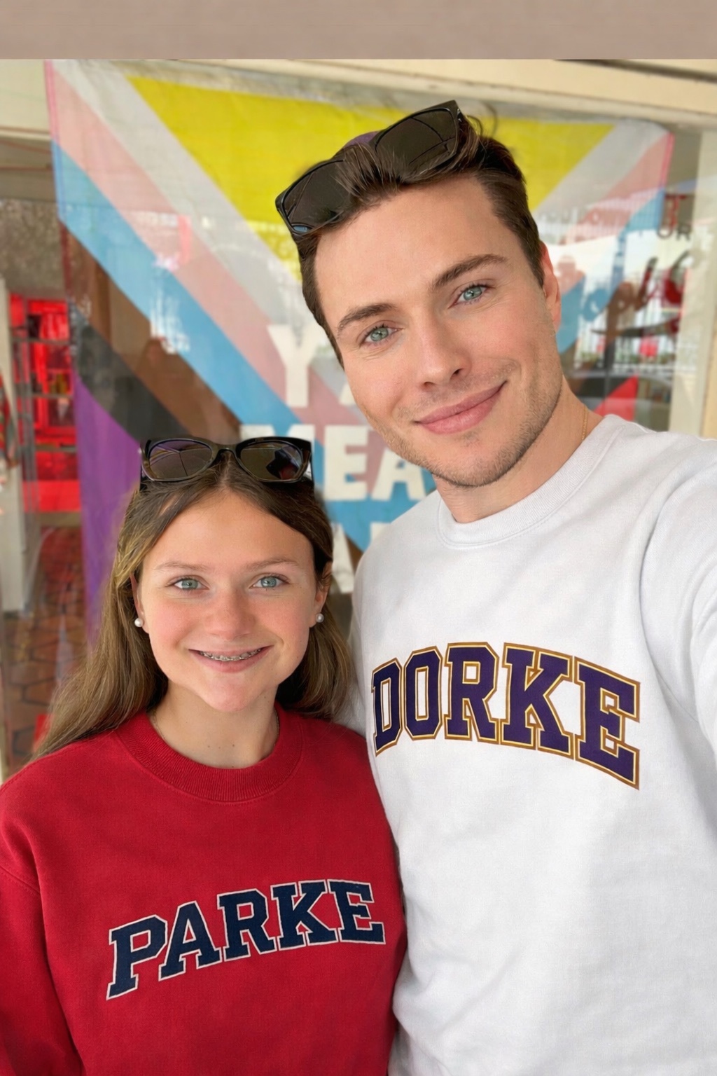 Clayton Hollingsworth and Perry Kate wearing matching DORKE sweatshirts