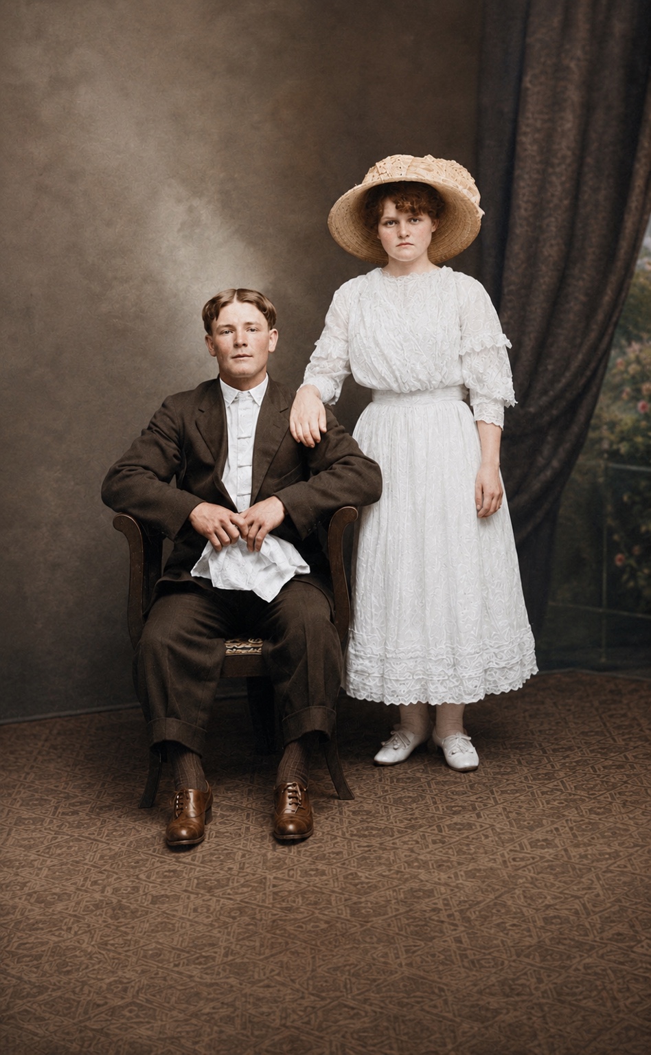 Colorized studio portrait identified as James Albert Perry and Julia Mae Riddle Perry