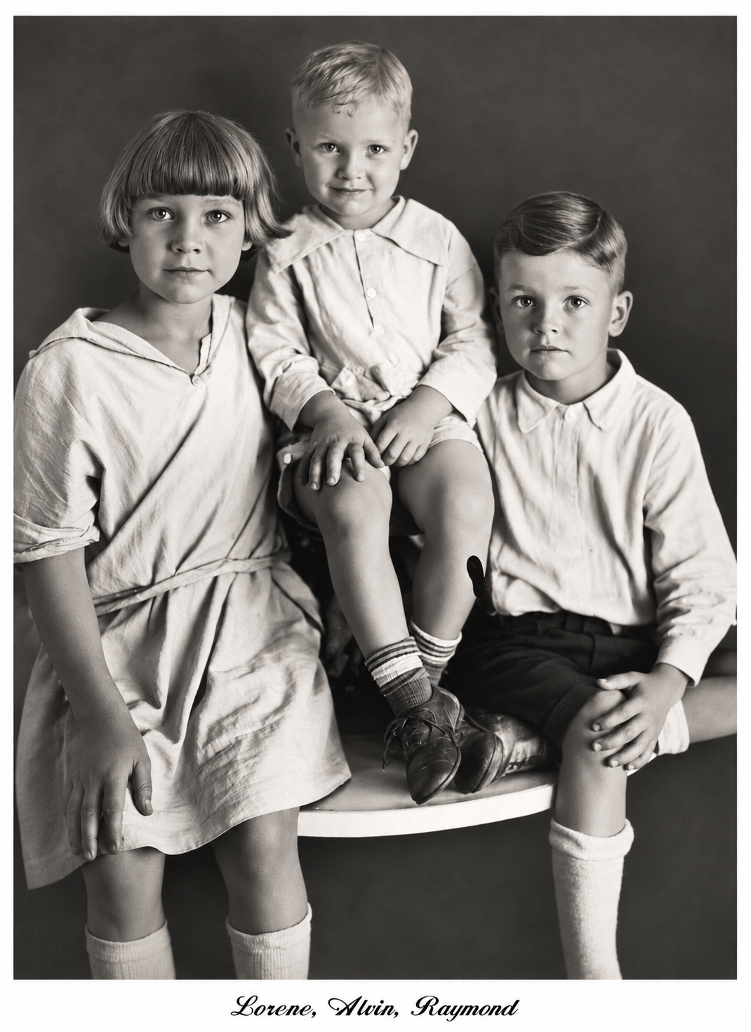 Restored black-and-white childhood studio portrait of Lorene, Alvin and Raymond