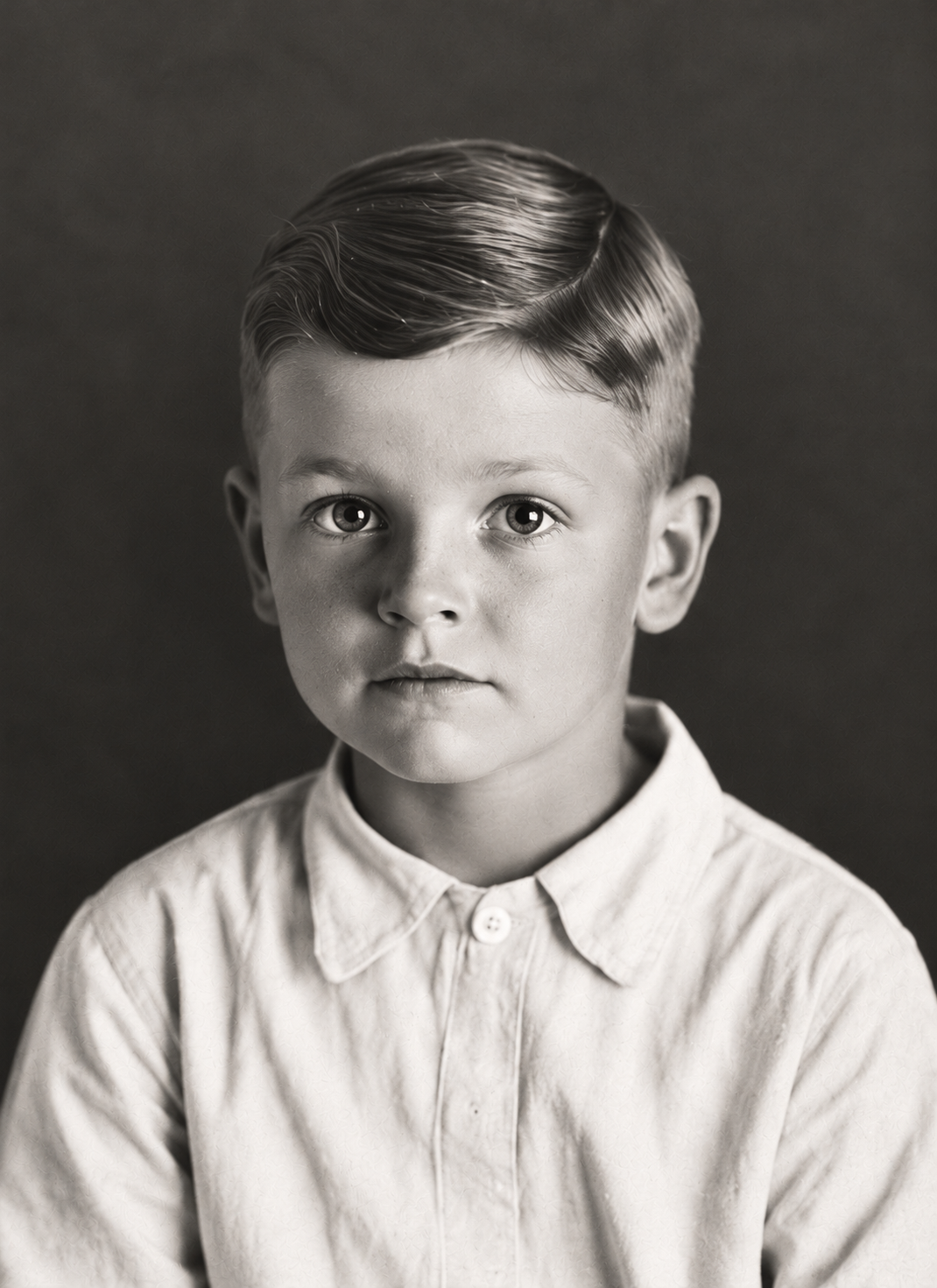 Black-and-white solo childhood portrait of Raymond Perry