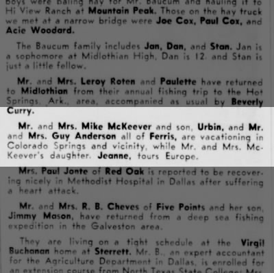 Preserved newspaper clipping naming the Andersons and McKeevers on a Colorado Springs vacation