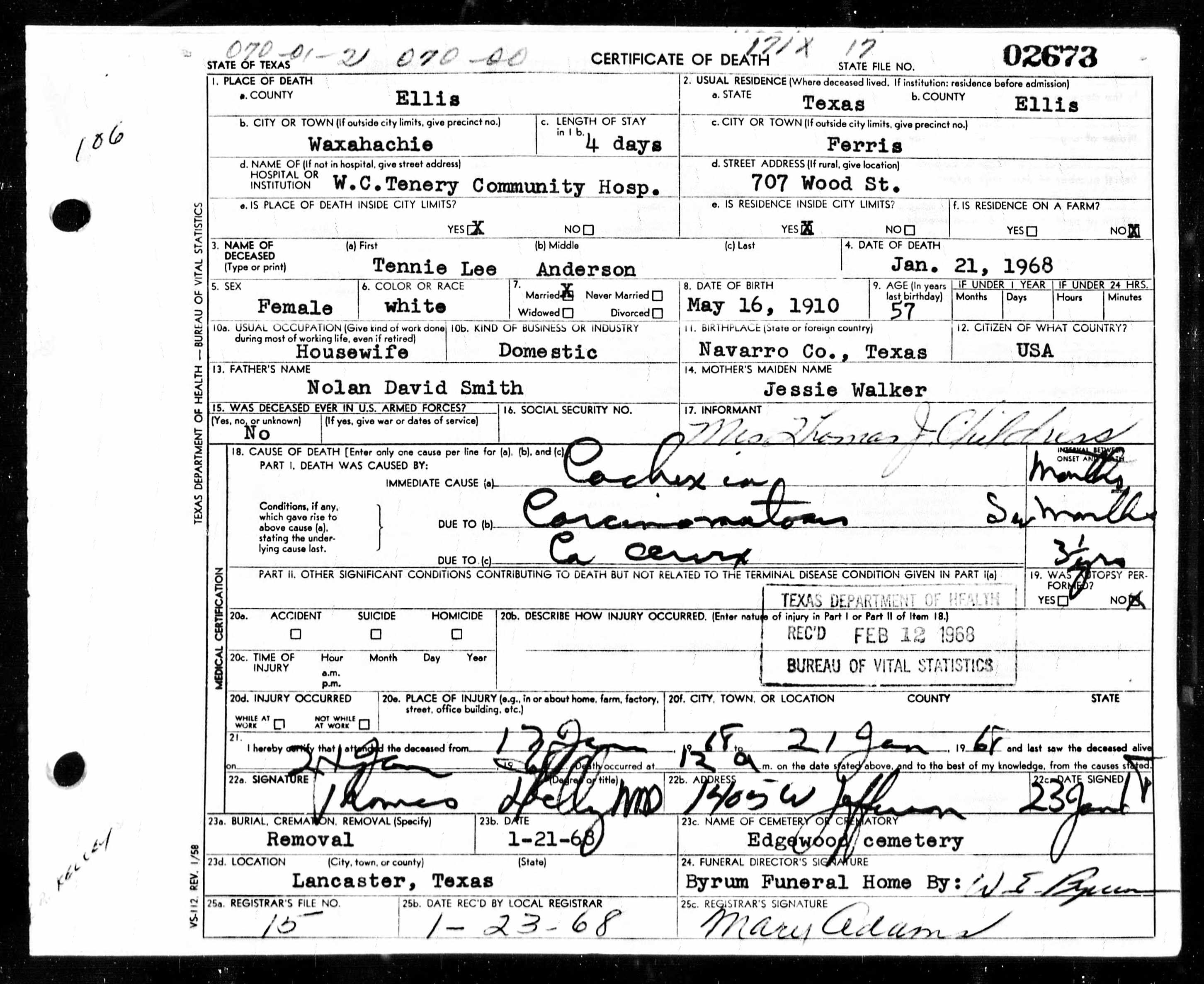 Texas death certificate for Tennie Lee Anderson, January 21, 1968