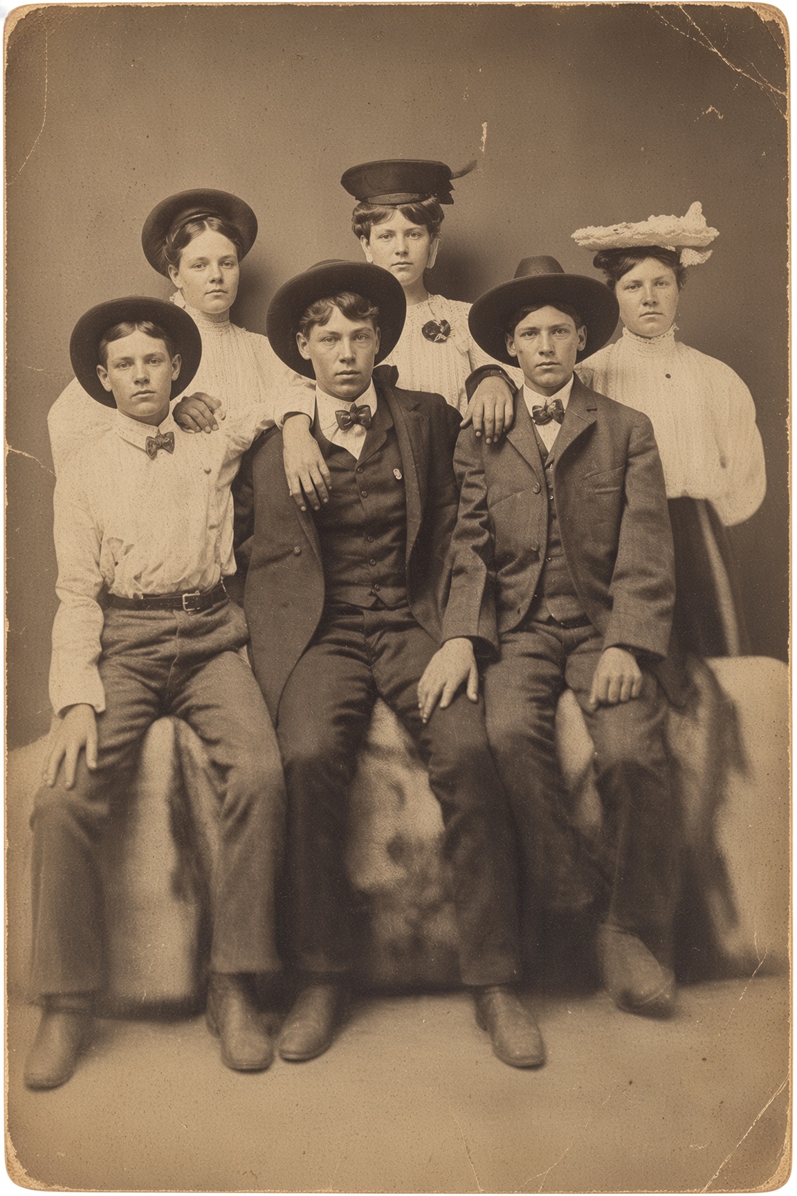 Restored studio portrait of six young Ferguson relatives