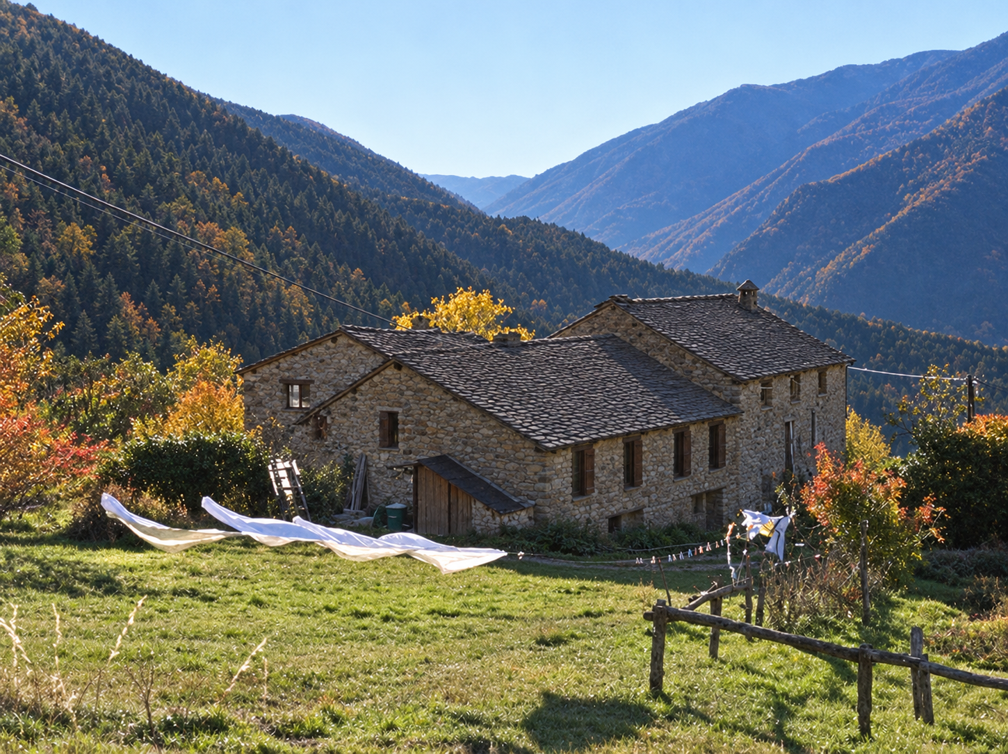 L’Itaca, Clayton’s house near Nyer in the French Pyrenees, with the mountains behind it
