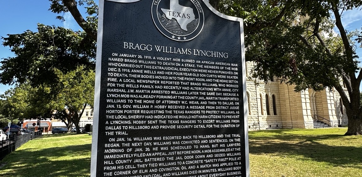 Historical marker commemorating Bragg Williams near the Hill County Courthouse