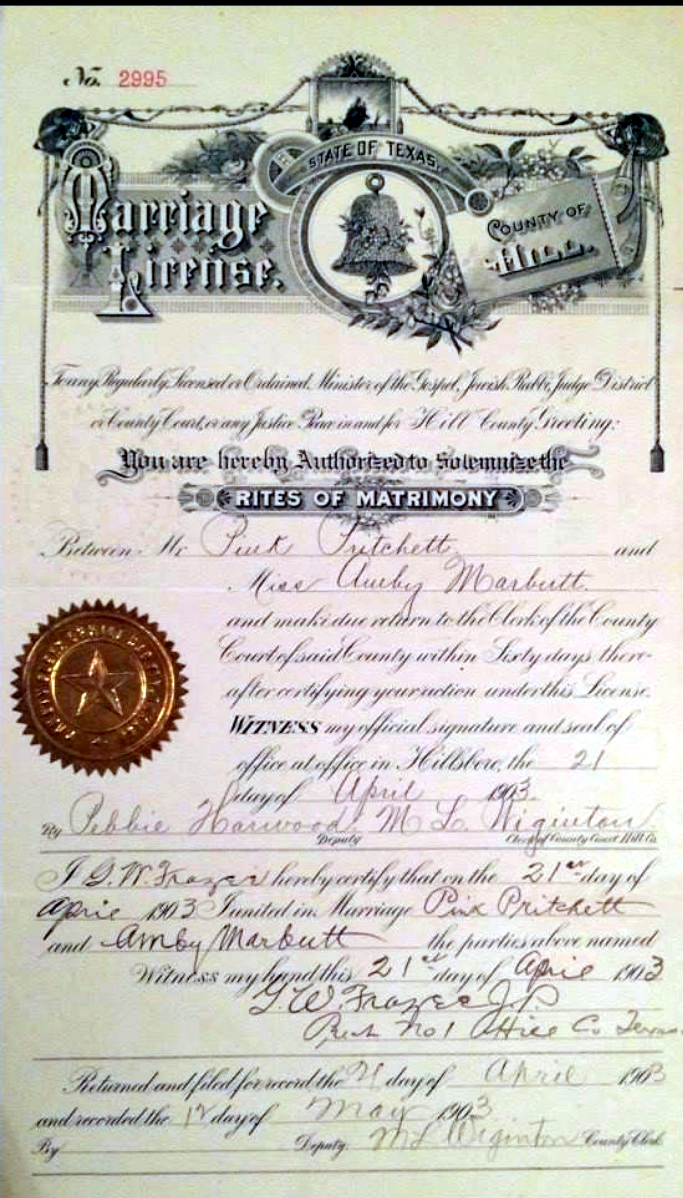 1903 marriage certificate for Pink Pritchett and Amby Marbut