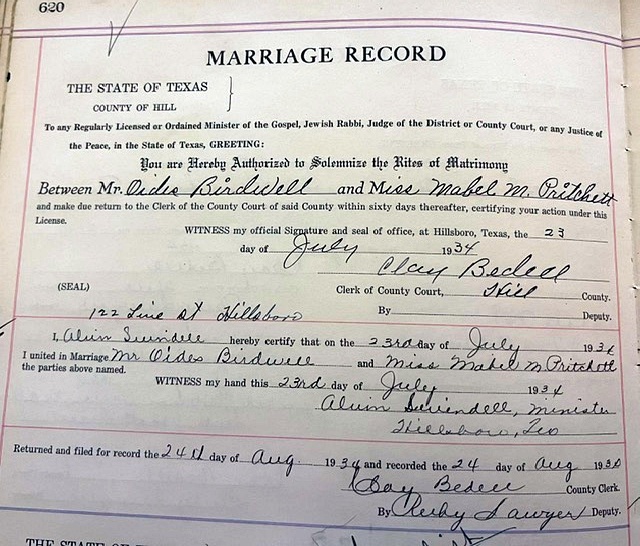 1934 marriage record for Oides Birdwell and Mabel Pritchett