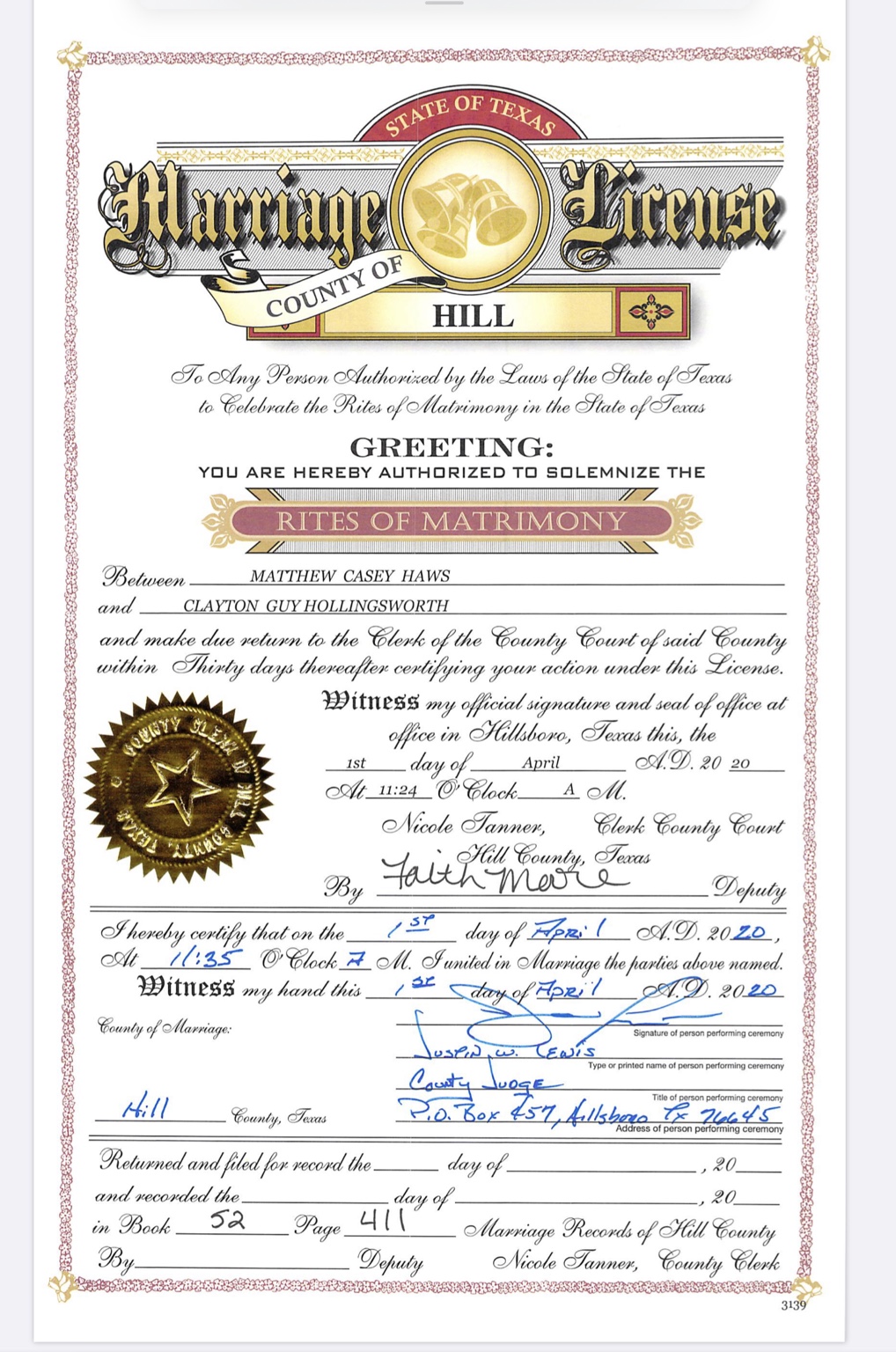 2020 marriage license for Clayton Hollingsworth and Matthew Haws