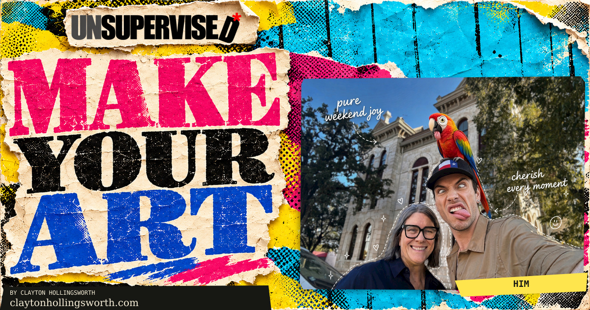 Make Your Art — HIM. An imaginary parrot and an exaggerated expression. — vivid cyan, magenta, yellow and cream torn-paper editorial collage with original source imagery. UNSUPERVISED*; claytonhollingsworth.com.
