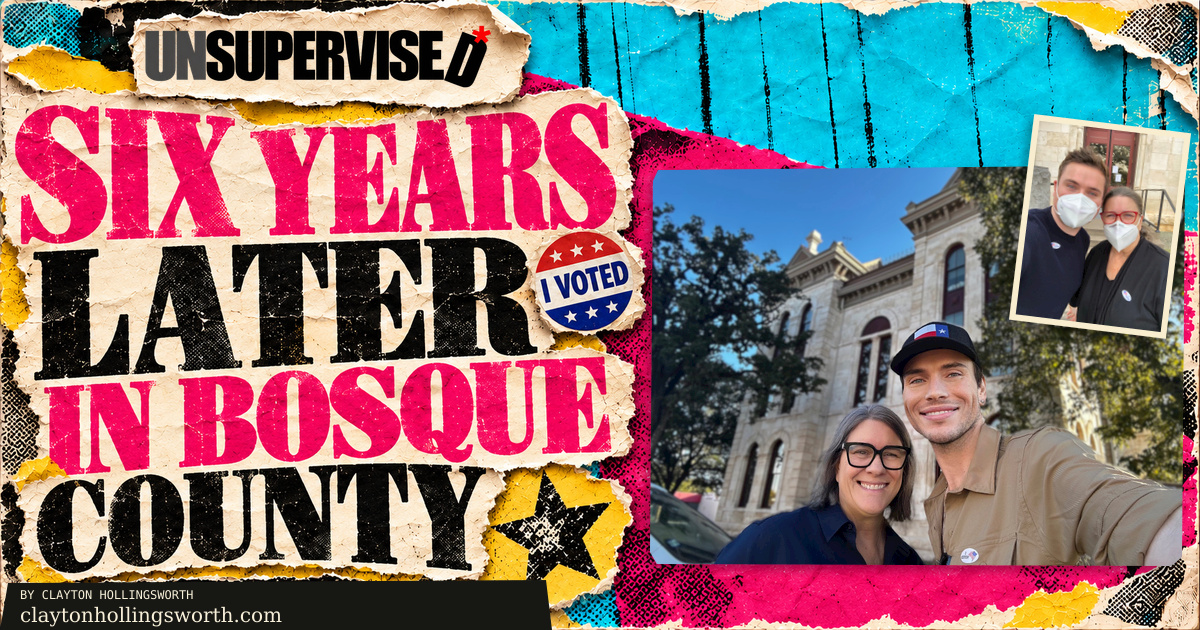 Six Years Later in Bosque County — vivid cyan, magenta, yellow and cream torn-paper editorial collage with original source imagery. UNSUPERVISED*; claytonhollingsworth.com.