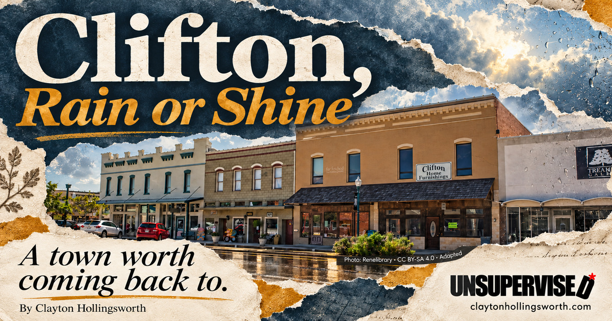 Clifton, Rain or Shine Blue and ochre torn-paper townscape collage; adapted Clifton storefront photograph credited to Renelibrary, CC BY-SA 4.0. UNSUPERVISED branding and claytonhollingsworth.com.