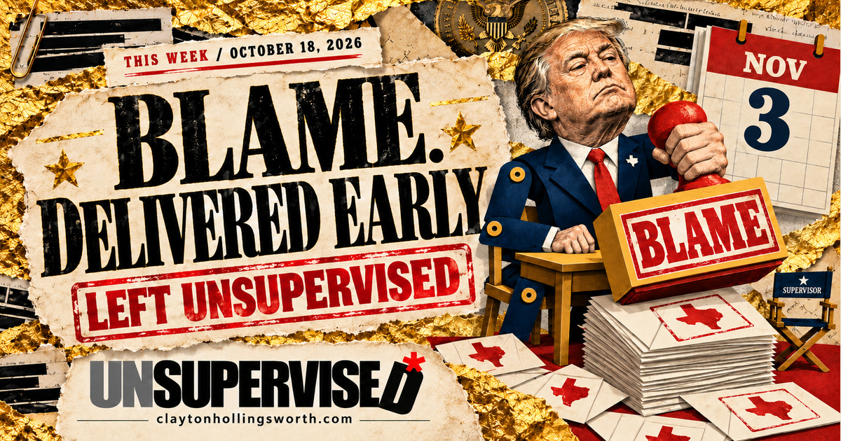 Blame. Delivered early. Trump holds a giant BLAME stamp over Texas envelopes, framed by torn newsprint and gold foil, with UNSUPERVISED branding and claytonhollingsworth.com.