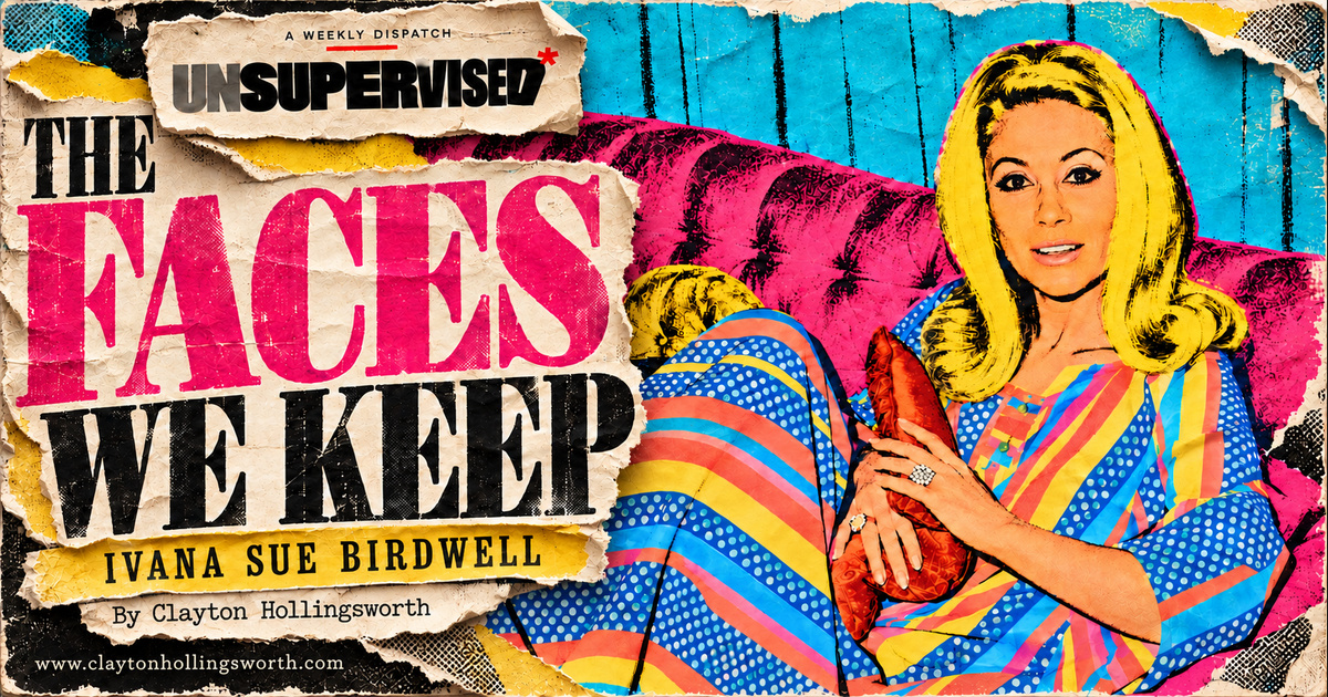 The Faces We Keep — Ivana Sue Birdwell. Colorful pop-art portrait with layered torn-paper lettering, by Clayton Hollingsworth. www.claytonhollingsworth.com