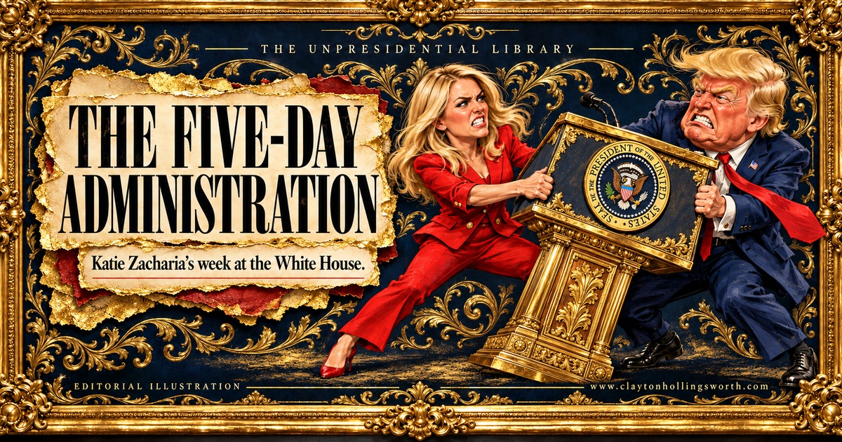 Read The Five-Day Administration — gold-framed satirical illustration of Katie Zacharia and Donald Trump pulling opposite sides of a presidential lectern