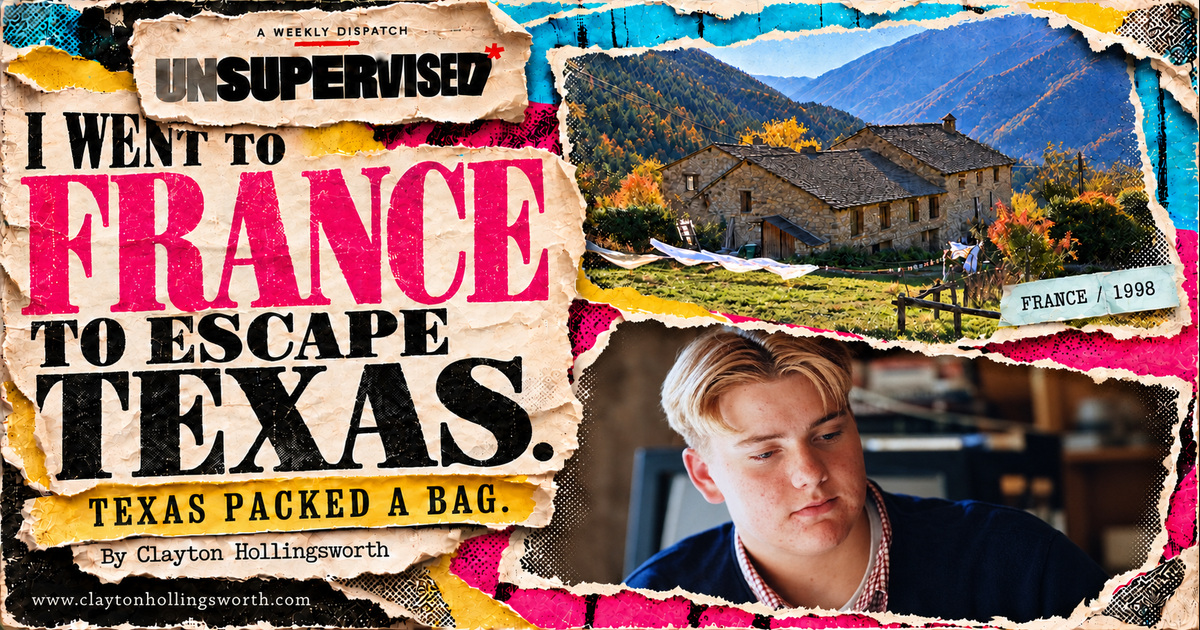 I went to France to escape Texas. Texas packed a bag. Torn-paper collage featuring L’Itaca and Clayton in the portrait supplied by Pascale Leconte. By Clayton Hollingsworth.