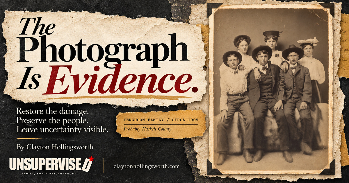 The Photograph Is Evidence. Charcoal and ivory torn-paper collage featuring the Ferguson family group portrait, a circa 1905 label, UNSUPERVISED branding and claytonhollingsworth.com.