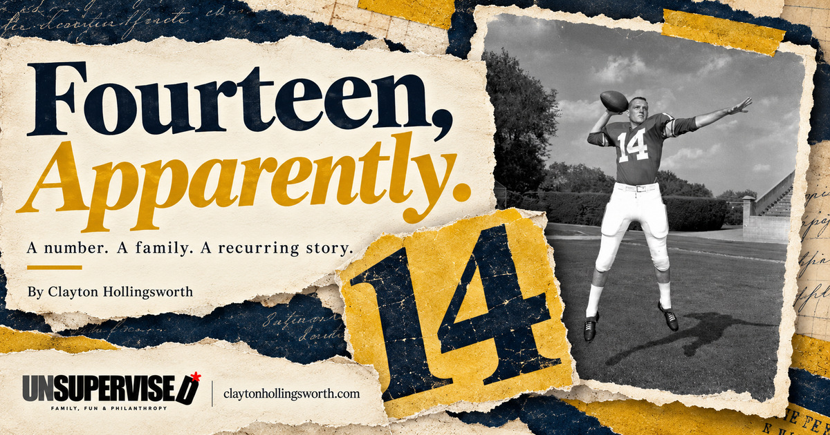 Fourteen, Apparently. Navy and mustard collage with a large number 14 and the Billy Guy Anderson football photograph. UNSUPERVISED branding and claytonhollingsworth.com.