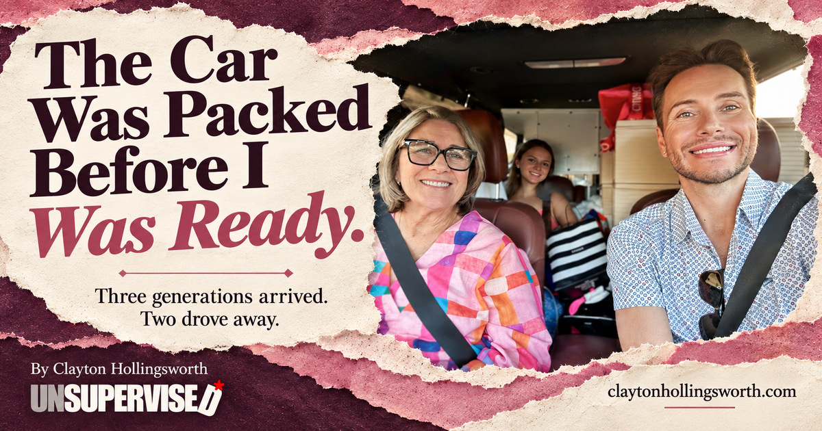 The Car Was Packed Before I Was Ready. Plum and pink paper collage featuring three generations traveling together. UNSUPERVISED branding and claytonhollingsworth.com.