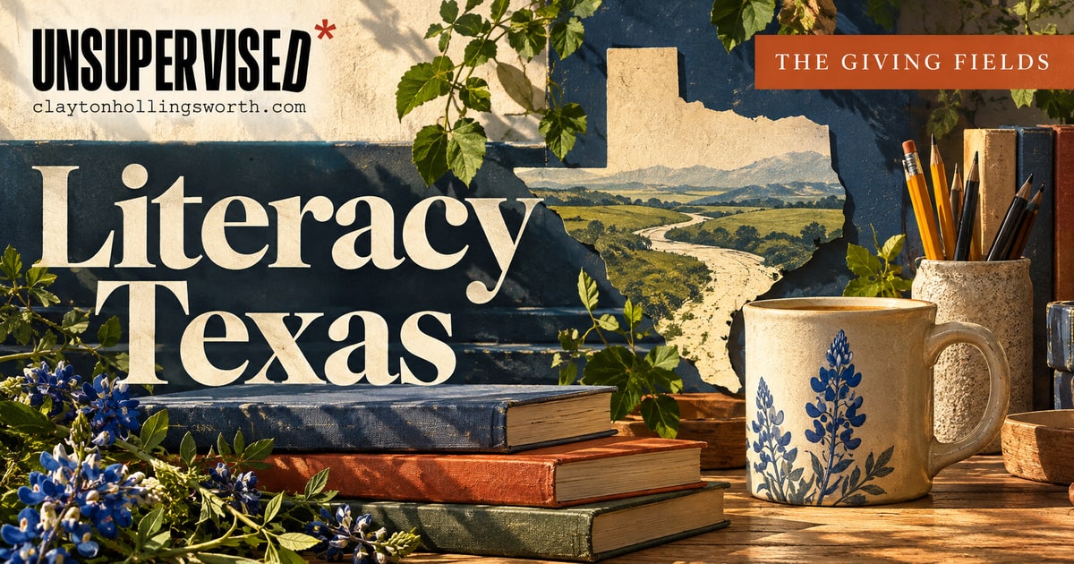 Literacy Texas — UNSUPERVISED*. Custom conceptual editorial artwork.