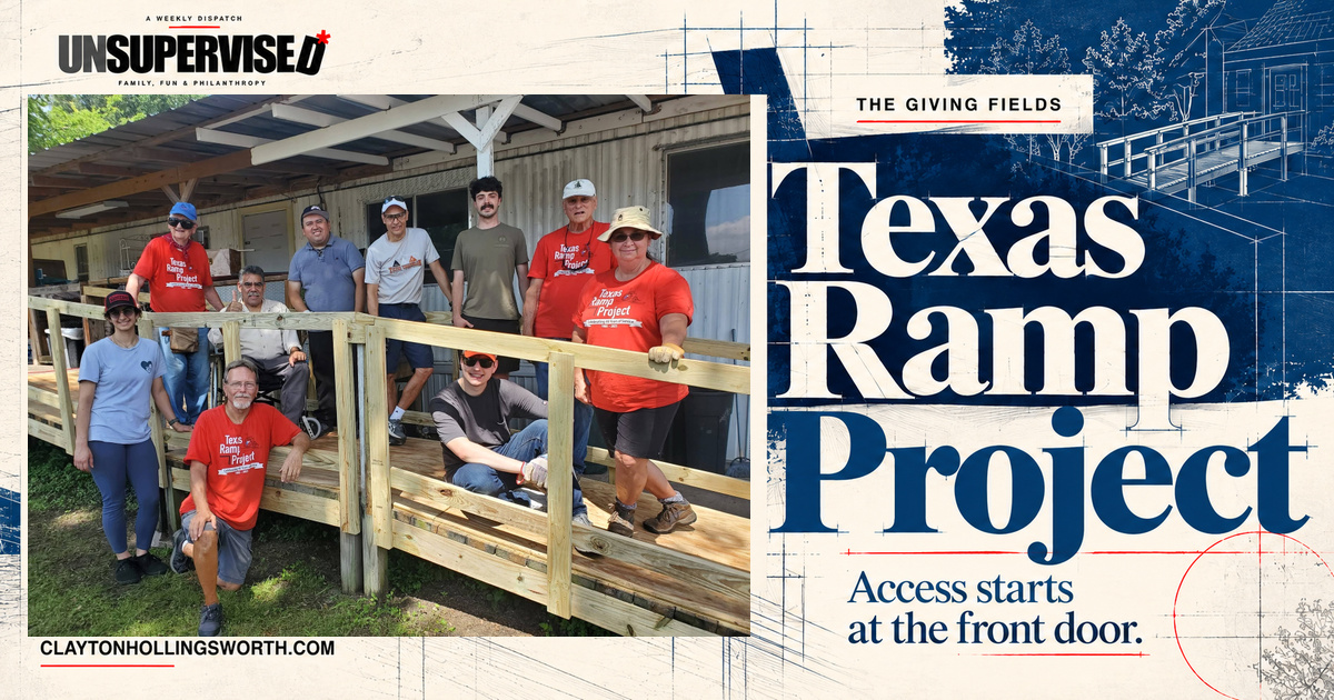 Texas Ramp Project — Access starts at the front door. Volunteers and a wheelchair user beside a completed ramp, with UNSUPERVISED branding and architectural drawing details.