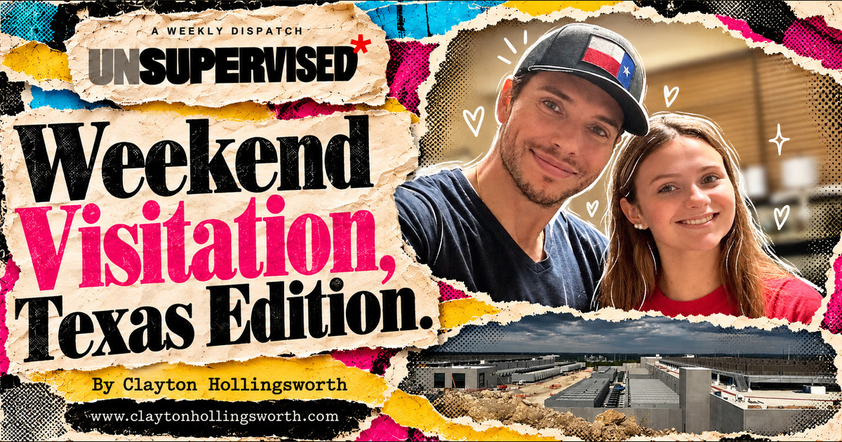 Weekend Visitation, Texas Edition. Torn-paper editorial collage featuring Clayton and Perry Kate, with a Texas data center. By Clayton Hollingsworth.
