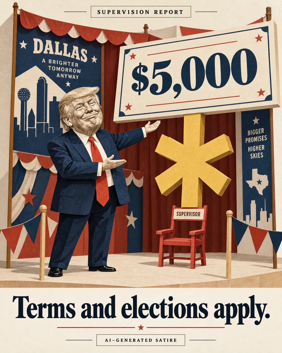 Cut-paper Trump as a carnival host beside an oversized $5,000 prize check supported by an asterisk, with an empty chair nearby.