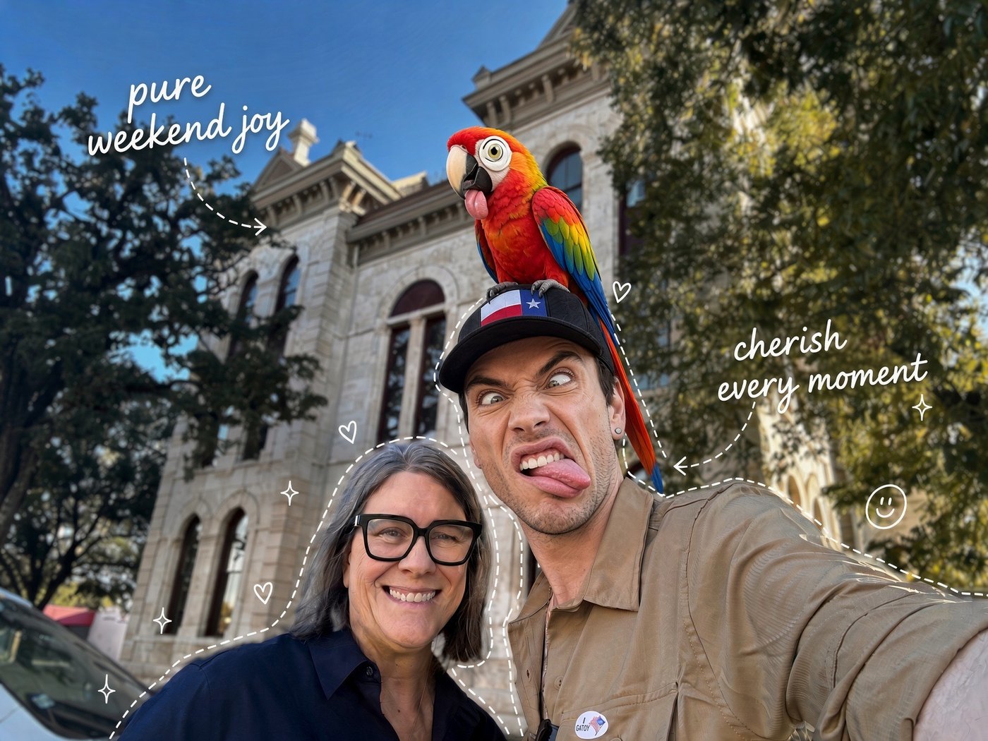 A little AI mischief: an imaginary parrot, an exaggerated face, and a reminder to have some fun. AI-edited joke; not a documentary photograph.