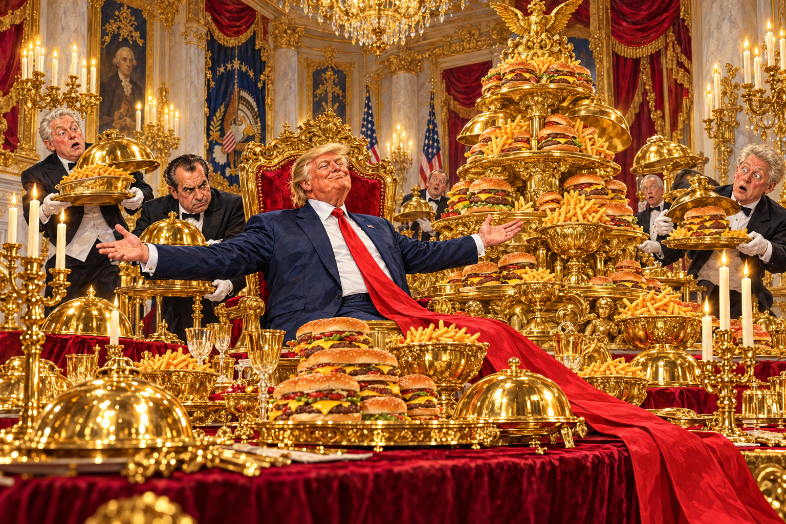 Trump hosts a fantastically lavish gold banquet of burgers and fries.