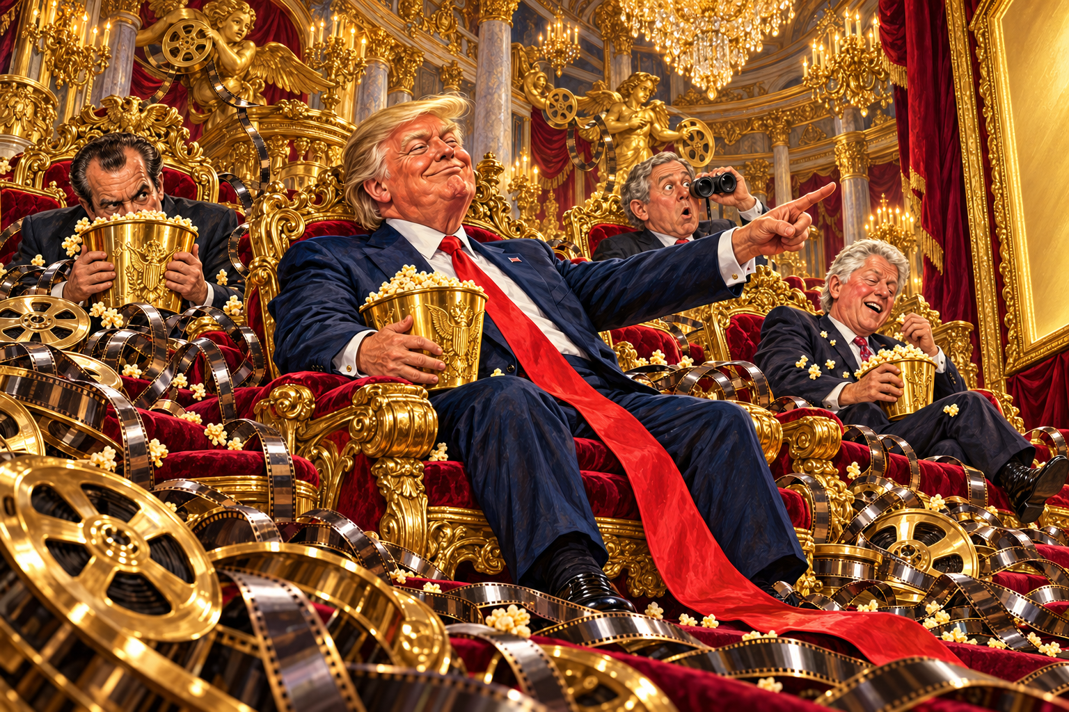 Trump, Nixon, Clinton and Bush in an absurdly opulent gold cinema.
