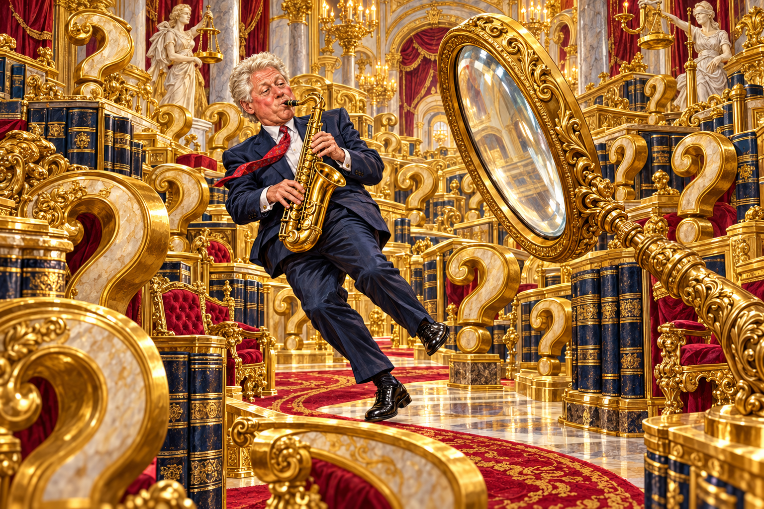 Clinton plays saxophone in a golden labyrinth of law books and question marks.