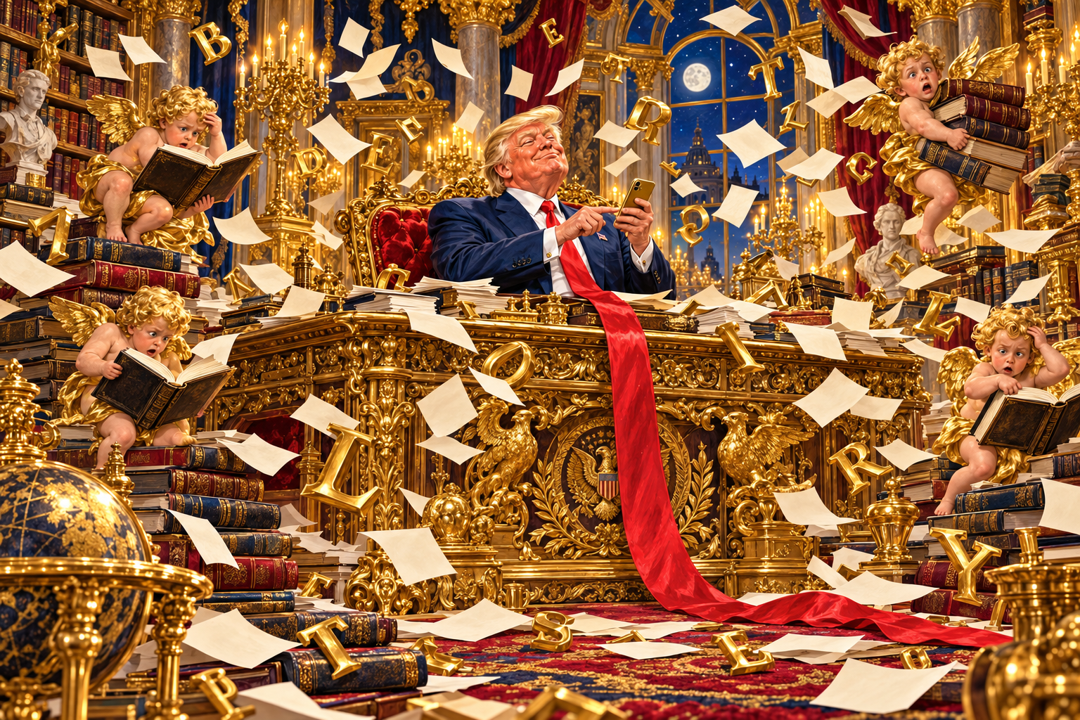 Trump types at a gold desk surrounded by books and a whirlwind of letters.