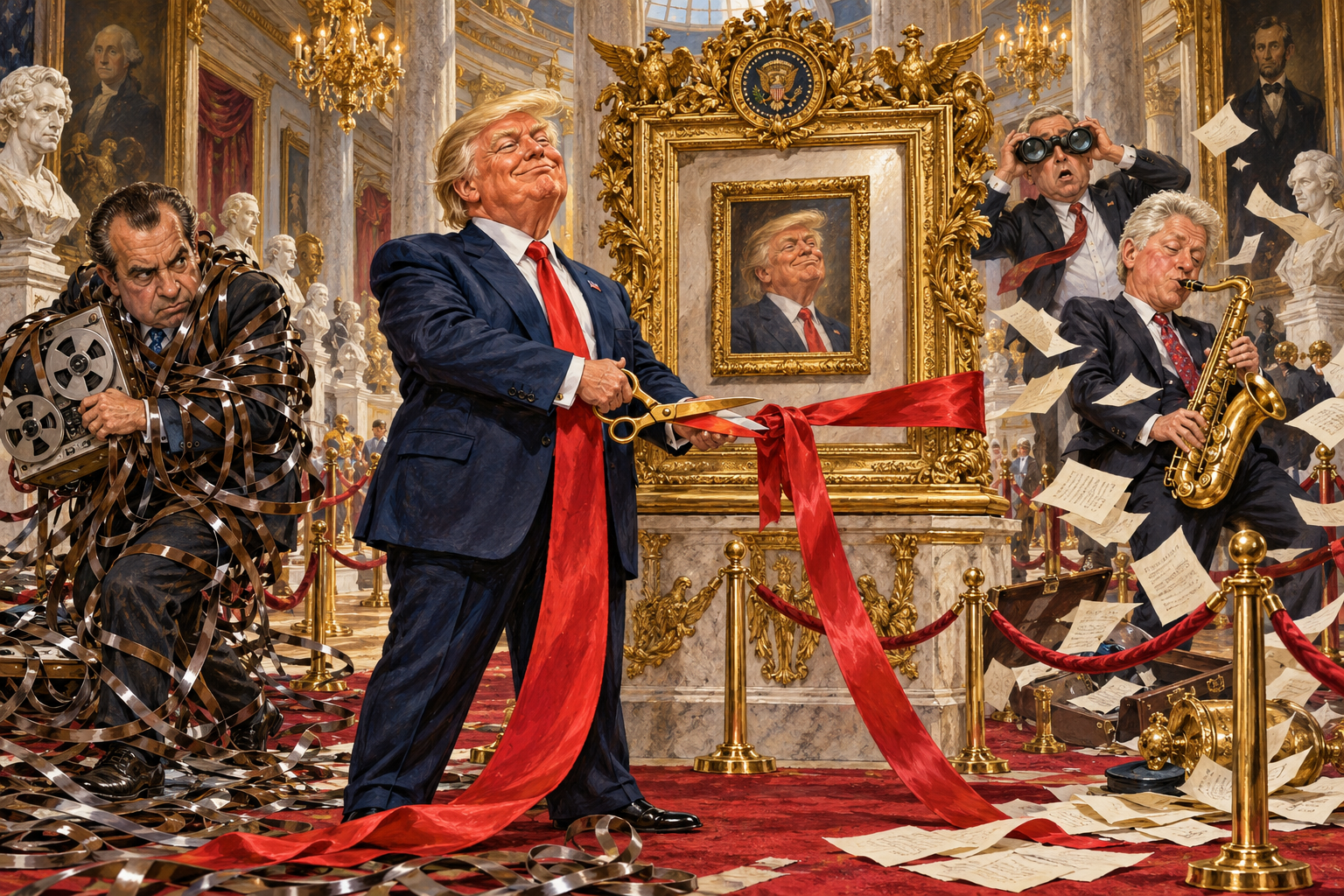 Satirical painted museum scene: Trump admires his portrait, Nixon is tangled in tapes, Clinton plays saxophone, and Bush holds binoculars.