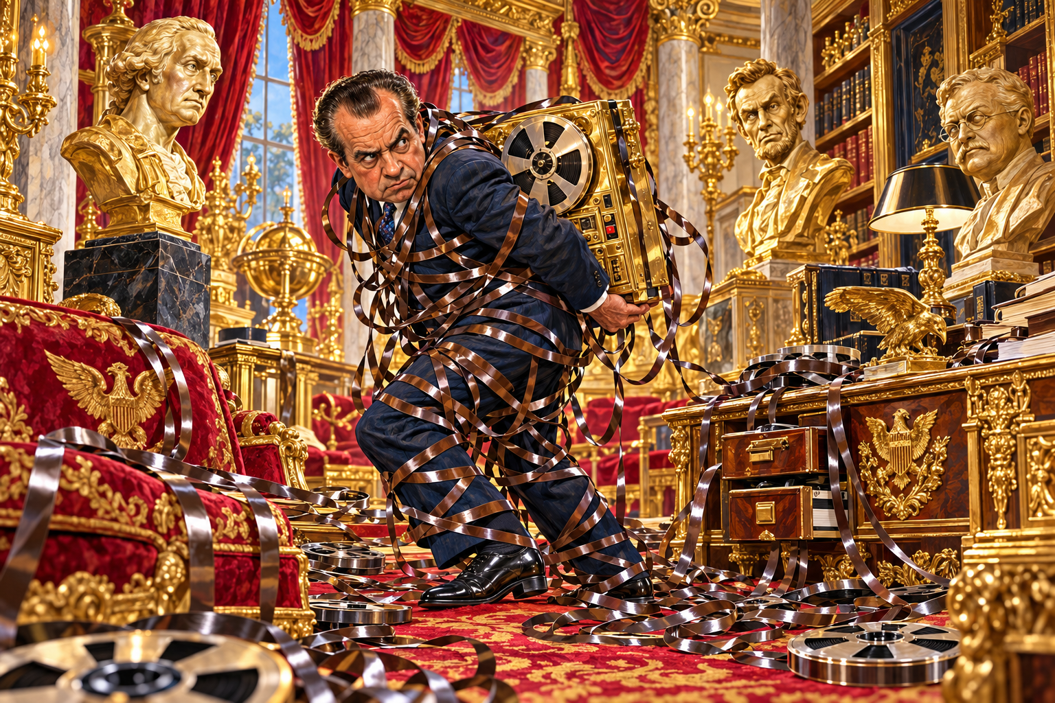 Nixon tangles himself in audio tape in a gold archive.